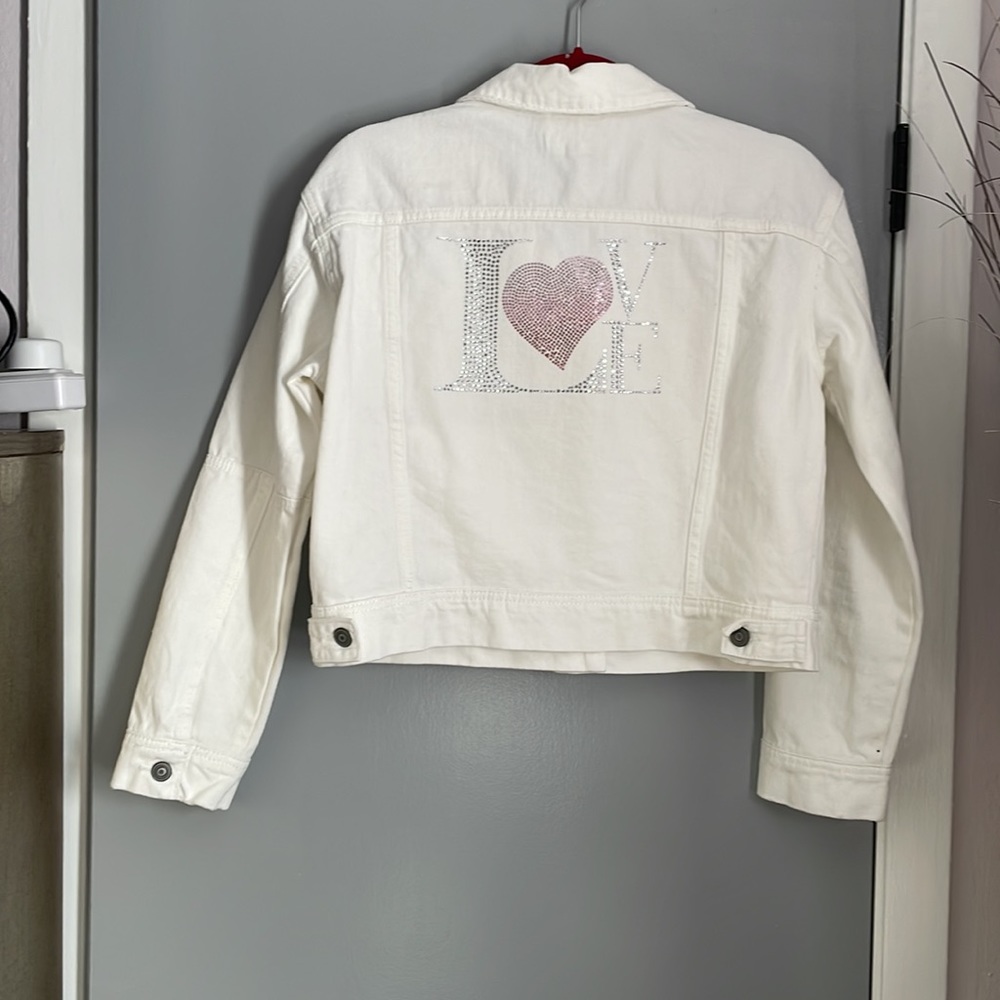 New Moving Forward Designs denim distressed Love jacket, size S